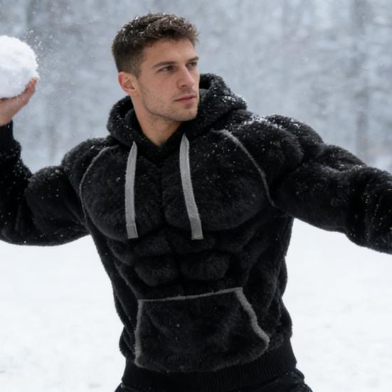 Yousheng Men Muscle Hoodie 3D Pattern Fuzzy Pullover Muscular Long Sleeve Warm Hooded Sweatshirt for Casual Sports Streetwear Fashion