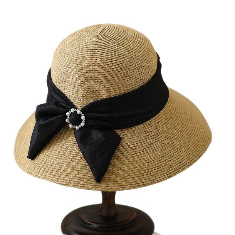Spring/summer Fashionable Pearl Button Bow Pot Hat, Beach Large Brim Elegant Sun-protection Outdoor Straw Hat for Women