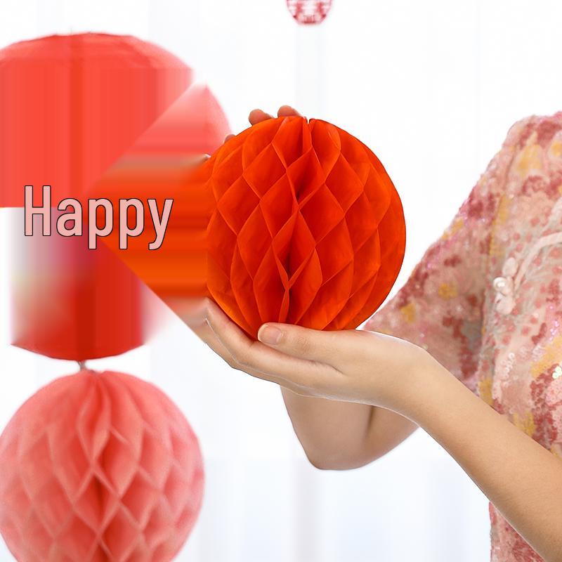 Wedding Double Happiness Garland & Lantern Set with Honeycomb Ball Columns for Background Decor