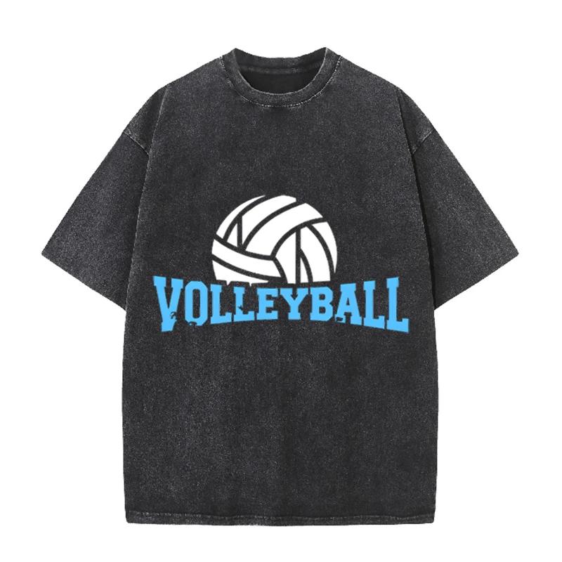 Volleyball Print Vintage Washed Black T Shirt Men Sports Casual Short Sleeve Tee