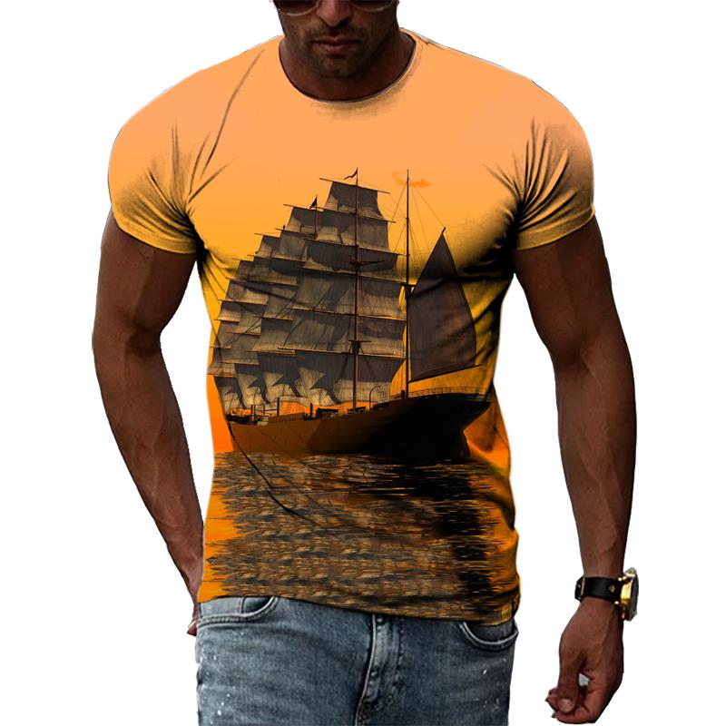 Sommer Segelboot Auf Meer Grafik T Shirts Männer Mode Lässig Persönlichkeit 3D Gedruckt Rundhals Kurzarm Streetwear T-shirts Tops