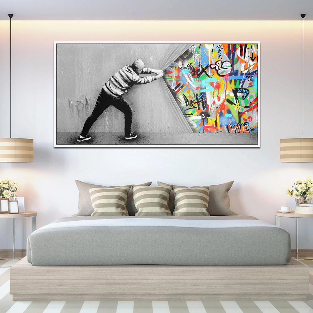 Graffiti Art Wall Pictures For Living Room Behind The Curtain Pop Street Art Canvas Painting Wall Art Posters And Prints Quadros