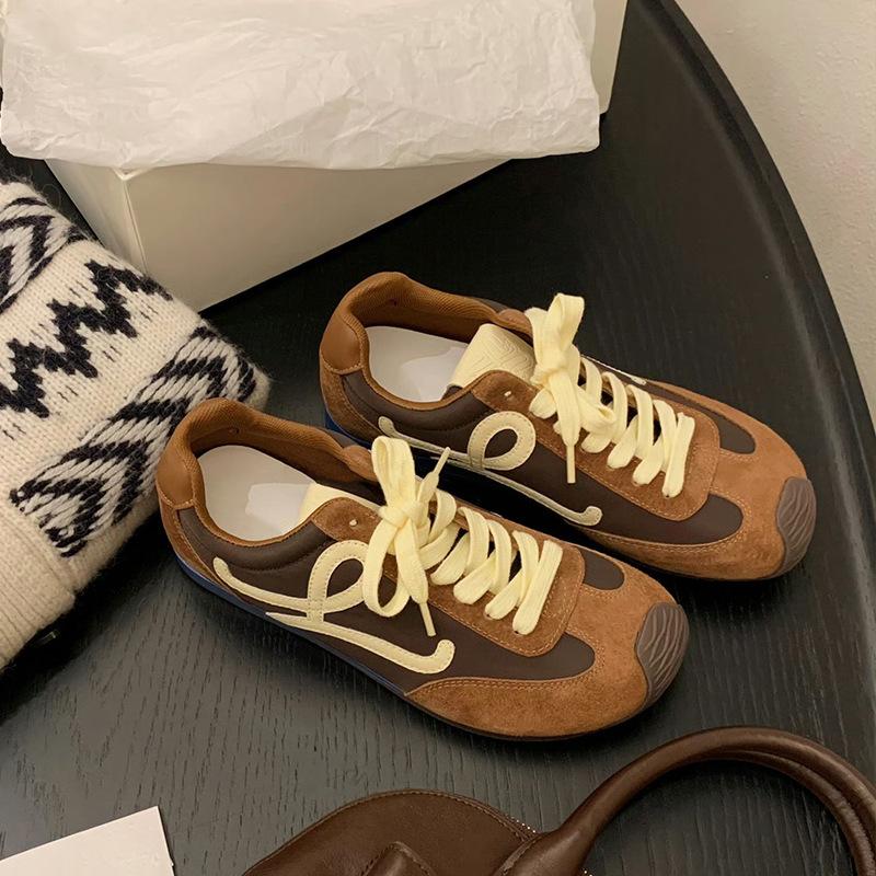 Cowhide version of grape mother, the same leather casual sports shoes, tilted head, contrasting colors, splicing lace-up German training shoes, women'