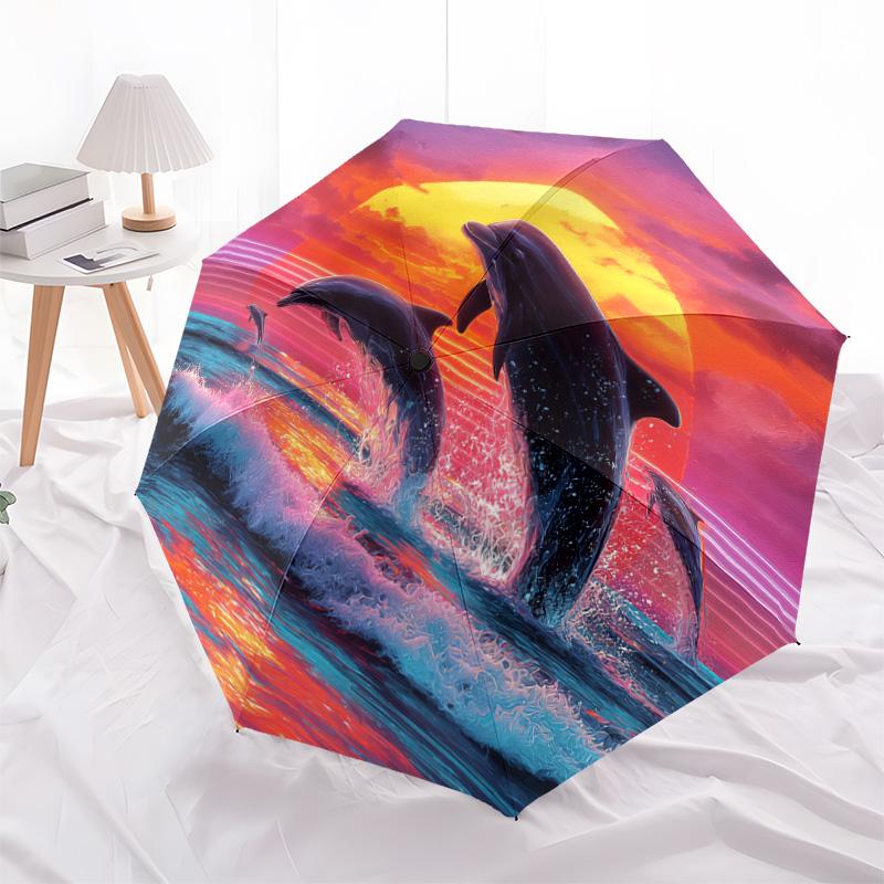 1 Pezzo Ombrello Pieghevole Automatico - Fantasia Delfini, Design Portatile e Pieghevole con 8 Stecche, Regali di Natale e Compleanno