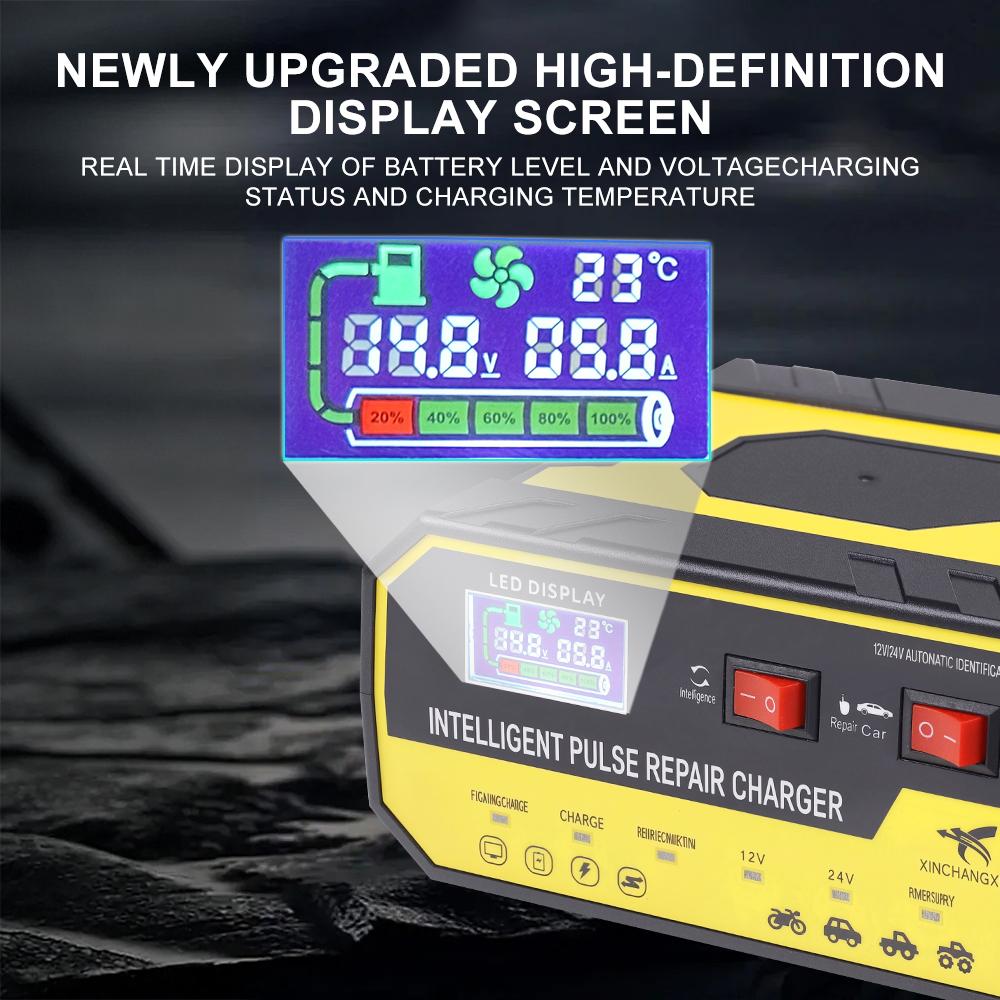 EU-Stecker Überspannungsschutz Intelligente Pulsreparatur Multifunktional 12V 24V 8A Autobatterieladegerät Automatischer Stopp Spannungs- und Temperaturerkennung