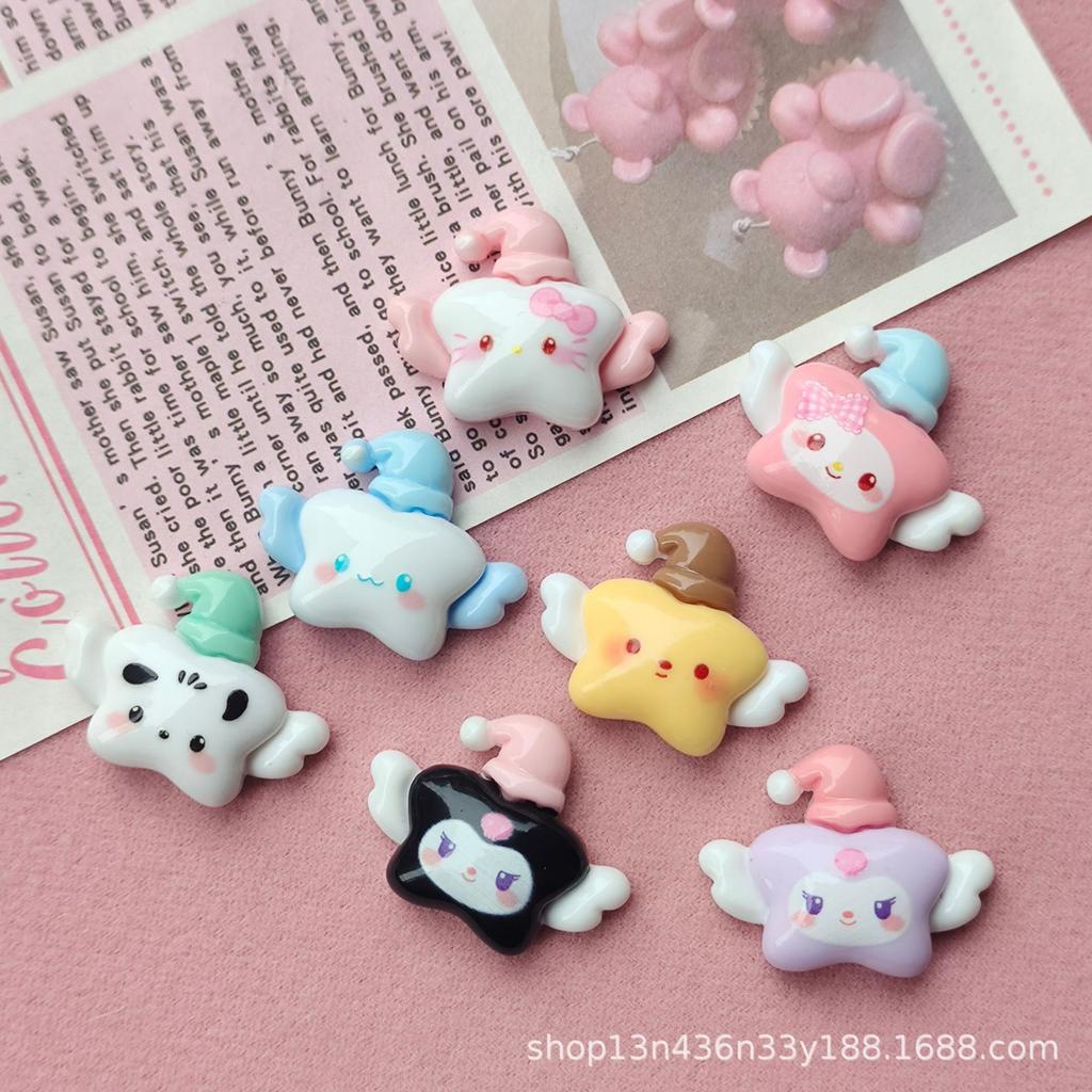10Pcs Kawai Bright Surface Cartoon Winged Stars Series Resin Flat Back Scrapbook Figurine Diy Bow Decor Accessories Crafts A27