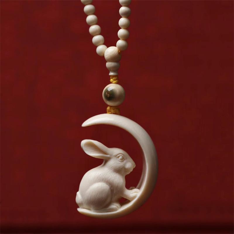

Mammoth Ivory Rabbit Zodiac Pendant Necklace - Retro Chinese Style Jewelry Natural