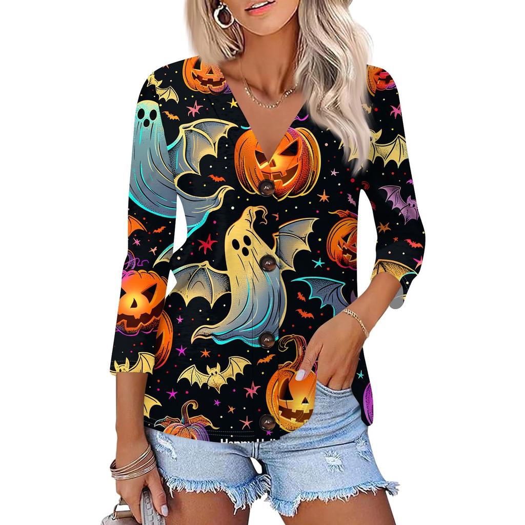 Women's Fashion Casual Print Button-down Shirt 3/4 Long Sleeve Tops