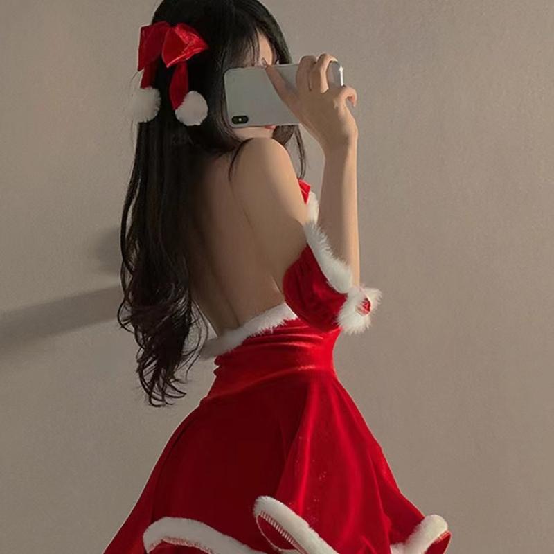 New Sexy Fashion Lingerie Sexy Pajamas Women'S Grade Hanging Pajama Dress Red Christmas Cosplay Uniform Dress Bow