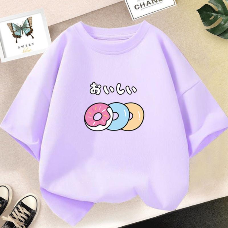Camiseta de manga curta para meninas de 2 a 14 anos verão crianças camisetas soltas de algodão harajuku kawaii donut tops