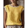 Womens Retro Loose Round Neck Solid Color Lace Splicing Sleeveless Linen Shirt