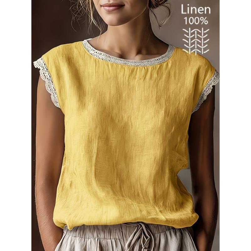 Womens Retro Loose Round Neck Solid Color Lace Splicing Sleeveless Linen Shirt