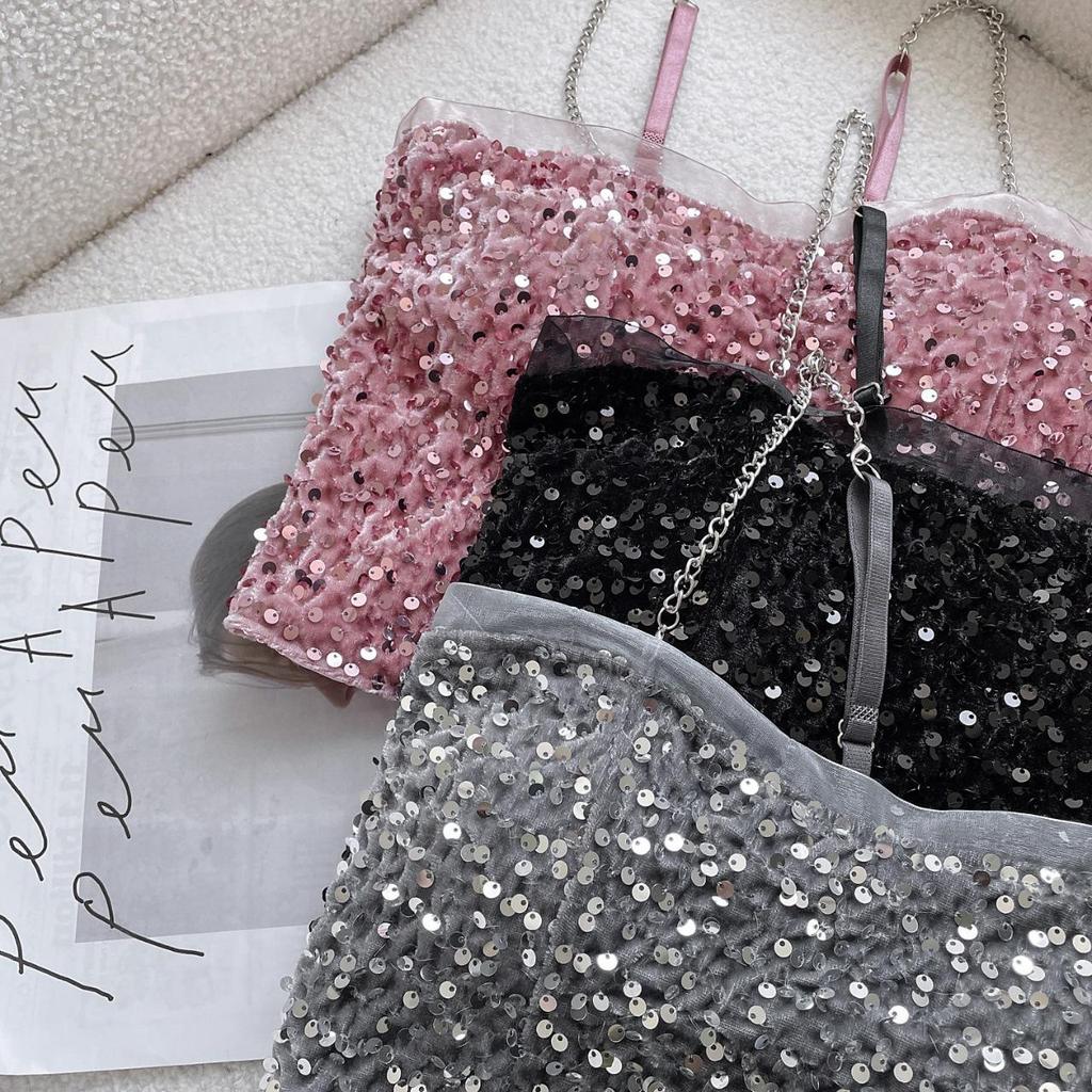 Sexy kovové retiazkové tielko Jednofarebné flitrované halterové crop topy Dámske letné tielka Bezchrbtové tielko Módne ležérne rúrkové Dámska bez rukávov skrátená vesta Y2K