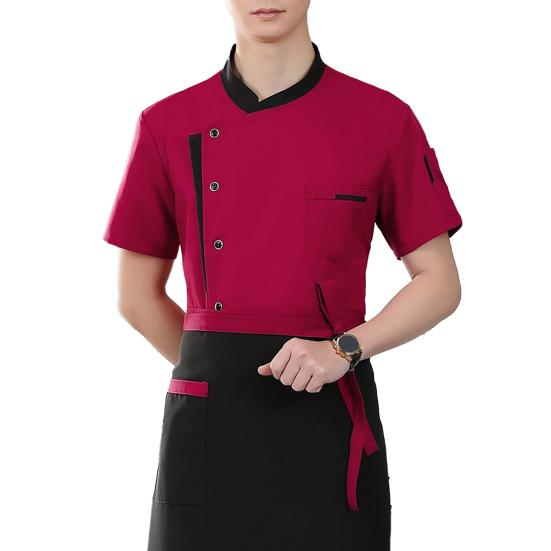 

Chef Uniform Apron Set Stand Collar Short Sleeve Breathable Kitchen Jacket with Multi-Pocket Design Patchwork Color Kitchen Staff Clothing M красный