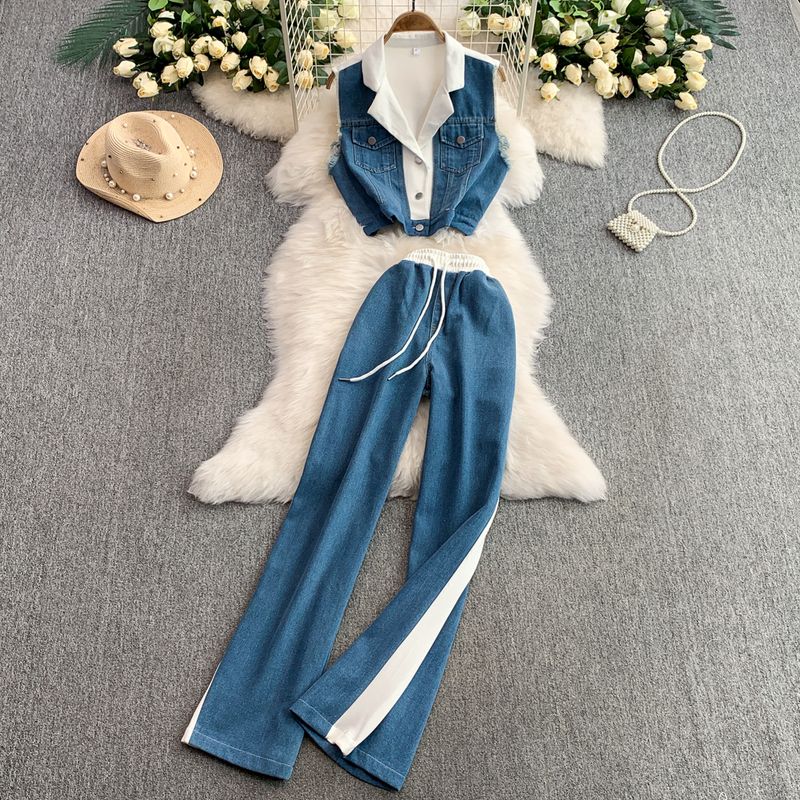 

Fashion Denim Suit Women Summer Niche Contrast Color Suit Collar Sleeveless Vest Top Two-piece Set High Waist Wide Leg Pants White M