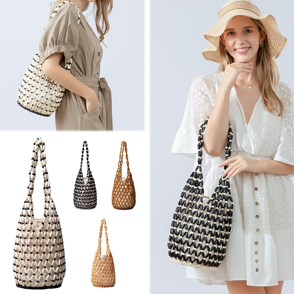 Wooden Bead Woven Hand Bag Hollow-out Tote Bag Bucket Shoulder Bag Handmade Shoulder Bag Casual Beach Handbag for Women
