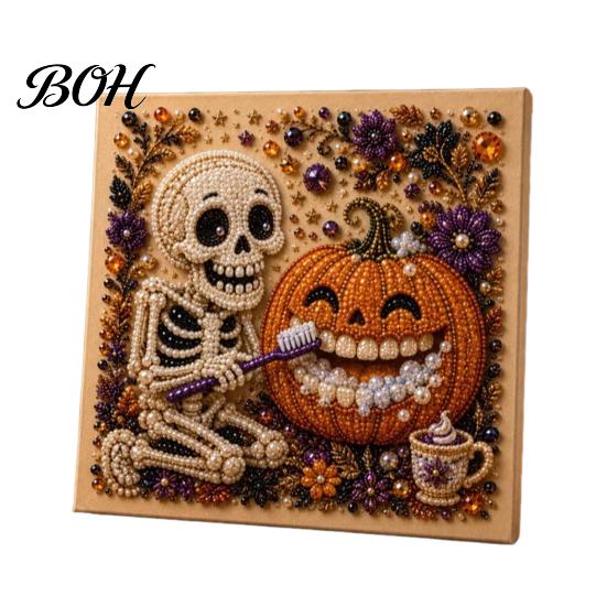 Whimsical Ghost And Pumpkin Art Halloween Faux Pearl Kit, Cute Skeleton Painting Handmade Gift for Craft Lovers DIY 3D Kit Adults, Fall Home