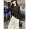 Stylish Thin Hollow Long Sleeves Knitwear Women's Early Autumn Loose Casual Black Blouse Loose Bottoming Tops