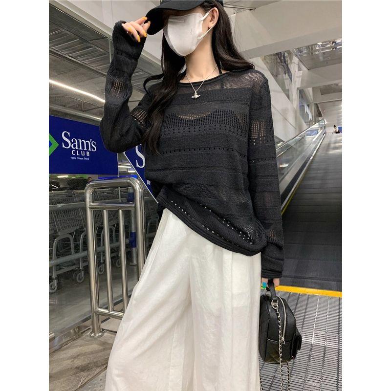 Stylish Thin Hollow Long Sleeves Knitwear Women's Early Autumn Loose Casual Black Blouse Loose Bottoming Tops