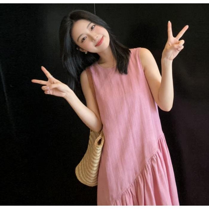 Casual pink cotton and linen vest dress women s 2026 summer new French temperament splicing sleeveless linen dress S