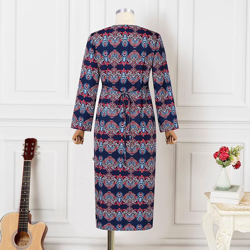 Robes Imprimées Élégantes à Col en V et Manches Longues pour Femmes Grandes Tailles