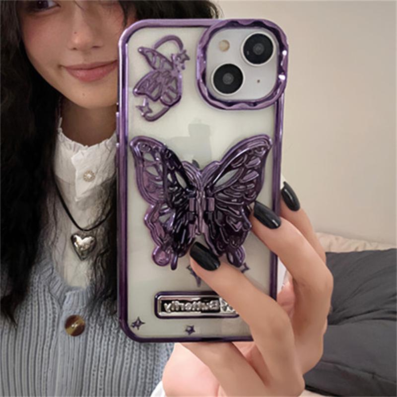 Luksusowa moda galwanicznie stojak na motyle etui na telefon iPhone 15 14 13 12 Pro Max przezroczysta, odporna na wstrząsy obudowa