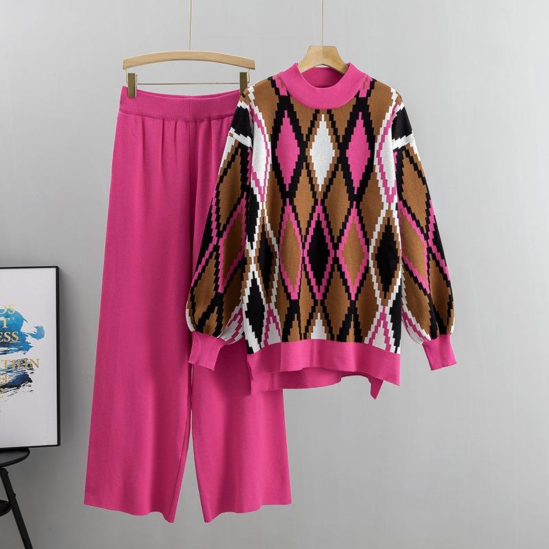 Knitted Wide-legged Trousers Sweater Suit Women's Autumn Plus Size Loose Fashion Temperament Pant Suit