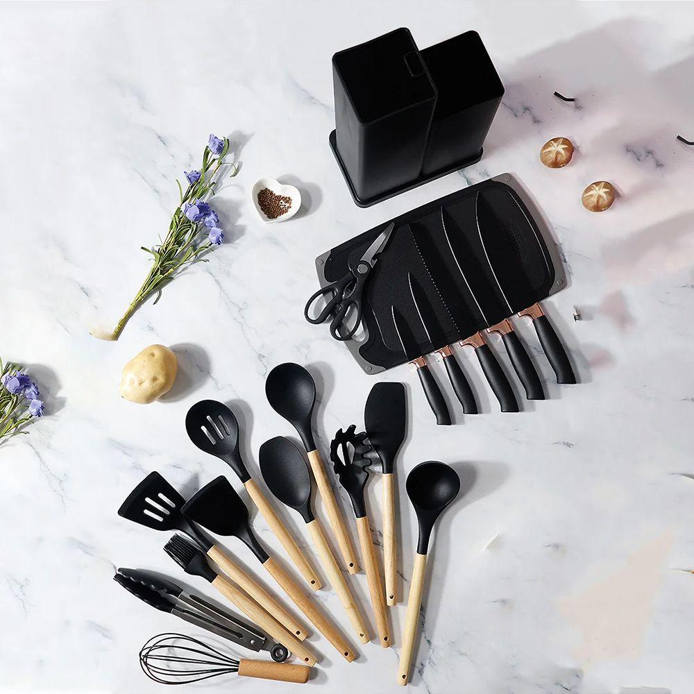 19pcs Kitchen Utensils And Knife Set, Silicone Cooking Utensils,Stainless Steel Chef Knives,Cutting Board,Kitchen Cooking Tools
