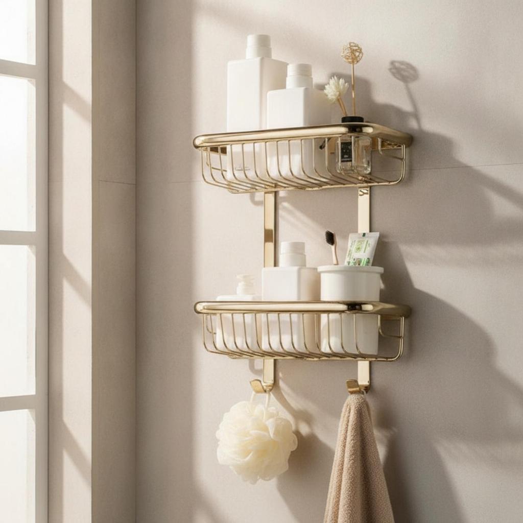 Lavatory Rack with Wire Baskets Brushed Wall Storage Basket SpaceSaving WallFixed Shower