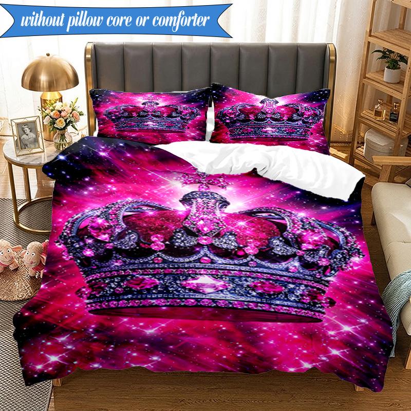 3PCS Pink Crown Sparkle Majesty Bedding Set,Including 1pc Duvet Cover And 2pcs Pillowcases Perfect for Bedroom, Dormitory, Fan Christmas Gift