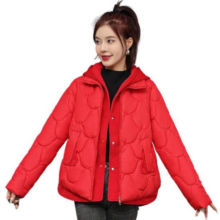 Winter Women Coat Short Thin Padded Hooded Turn Down Collar Pure Color Fake Two Piece Zipper Button Closure Down