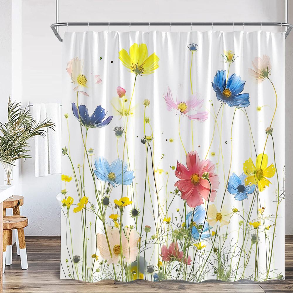 Watercolor Floral Shower Curtain Flower Plant Butterfly Purple Blue Golden Blossom Bathroom Decor ModernPolyester Bath Curtain