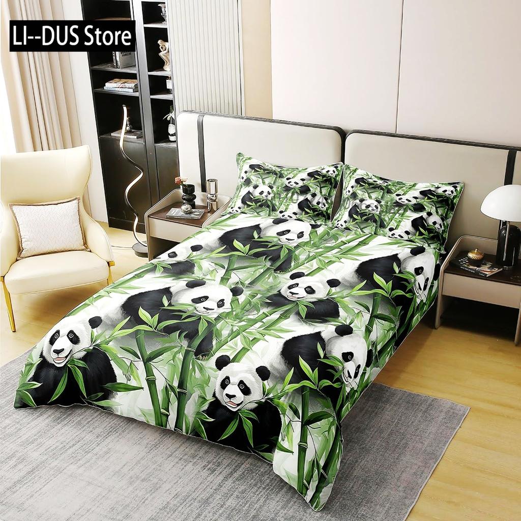 Kids Black Printed Cartoon Panda Beddings Cute Animal Pattern Teens Bedlinings 1 Duvet Cover Sets and 2 Pillowcases Full Size