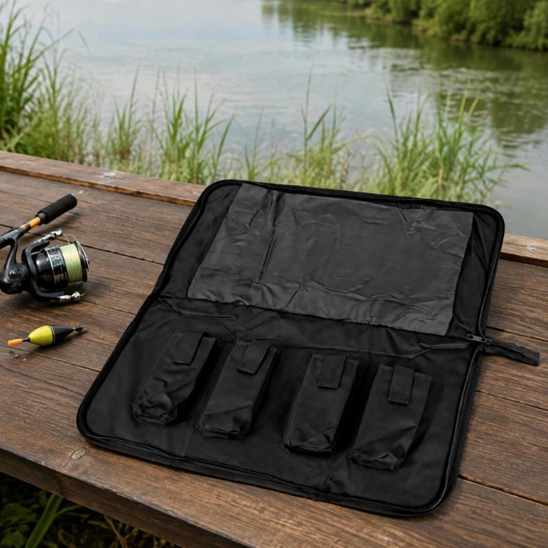 Oxford Cloth Fishing Bites Alarm Carrying Case, Foldable Bankstick Organizers with Four Internal Sleeves and Strap for Separated Tackle Storage