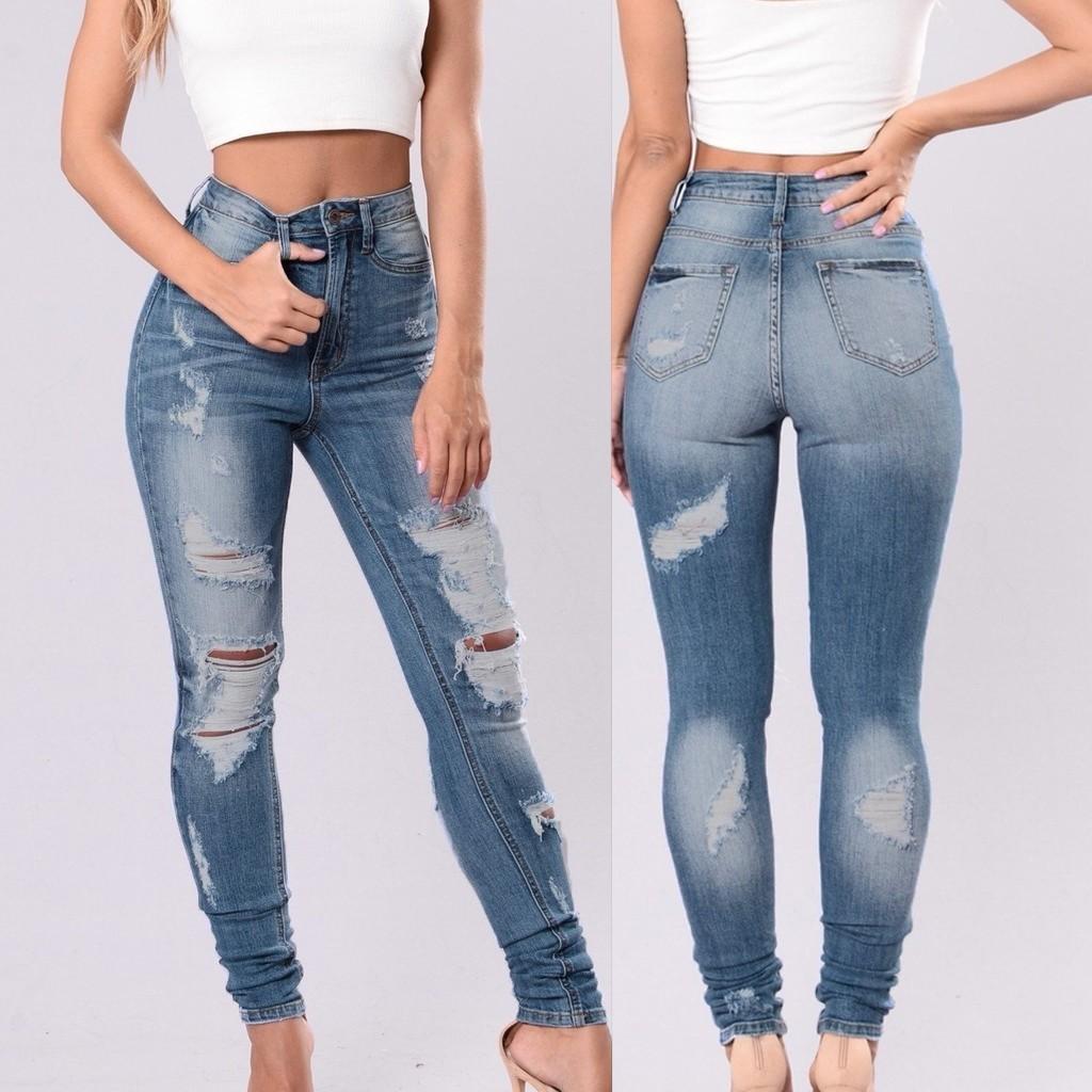 Women's High Waist Hole Jeans Button Pants Trousers Bell-bottom Pants
