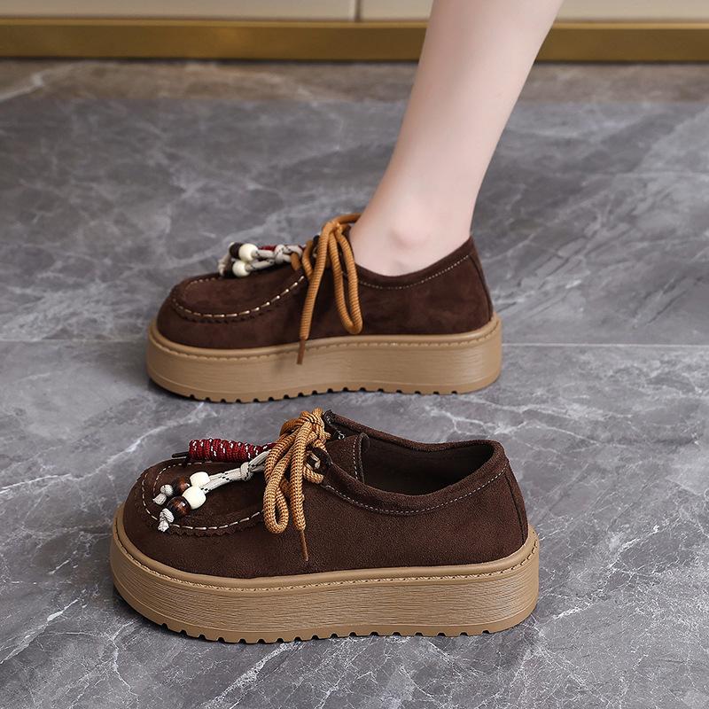 Retro fringed beaded loafers women's autumn 2025 new suede comfortable soft muffin sole casual shoes