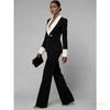 Women's Black and White Contrast Trim Suit Set with Flared Pants Double Breasted Fashion Formal Party Evening Outfit Two Piece