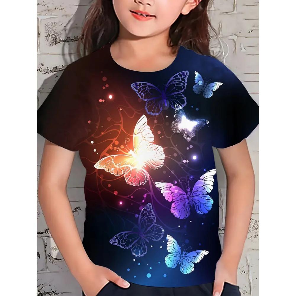 Summer Round Neck 3D Butterfly Pattern Printed Top Fashionable Casual Short Sleeved Children's Girl T-shirts