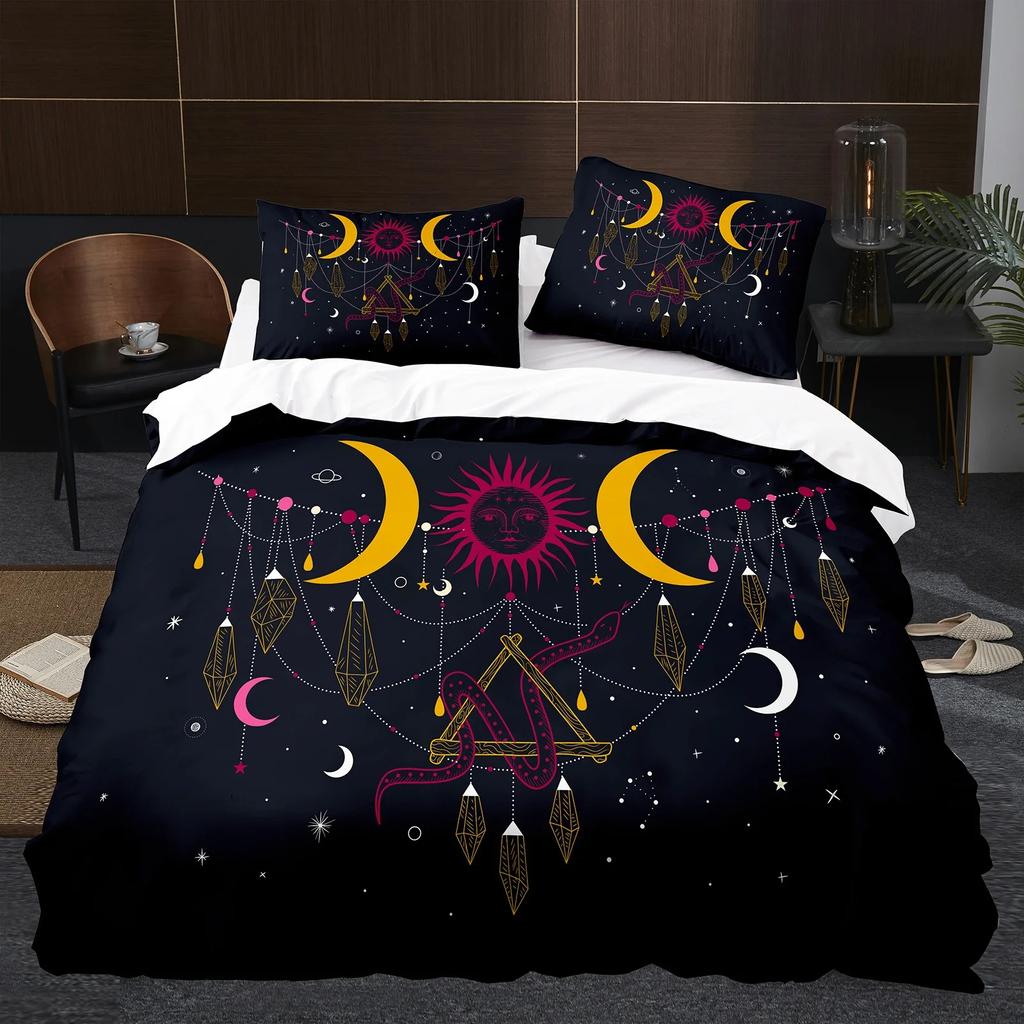 Sonne Mond Bettbezug KingQueen Größe, Galaxie Boho Exotisches Bettwäscheset Schwarz Gold Astrologie Himmlisch Polyester Steppdecke