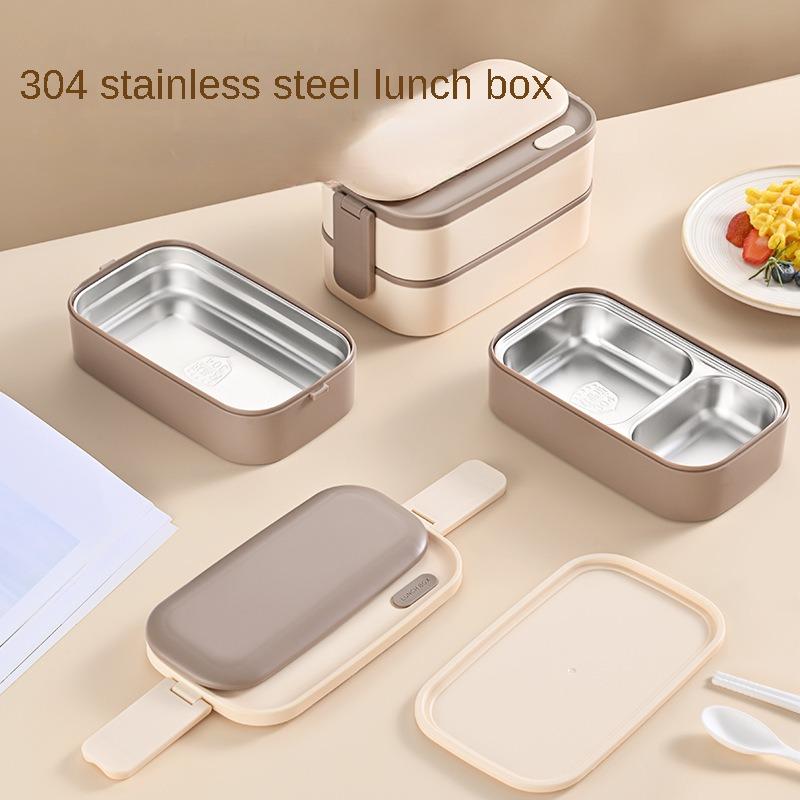 304 Stainless Steel Lunch Box 2 Layers Divided Microwavable Bento Box for Students Office Worker Portable Sealed Food Containers