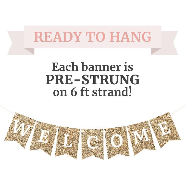 Pre-strung Welcome Banner - No DIY - Gold Glitter Welcome Banner - Pre-strung On 6 Ft Strand - Classroom, Office, Front Door, Baby & Bridal Showers