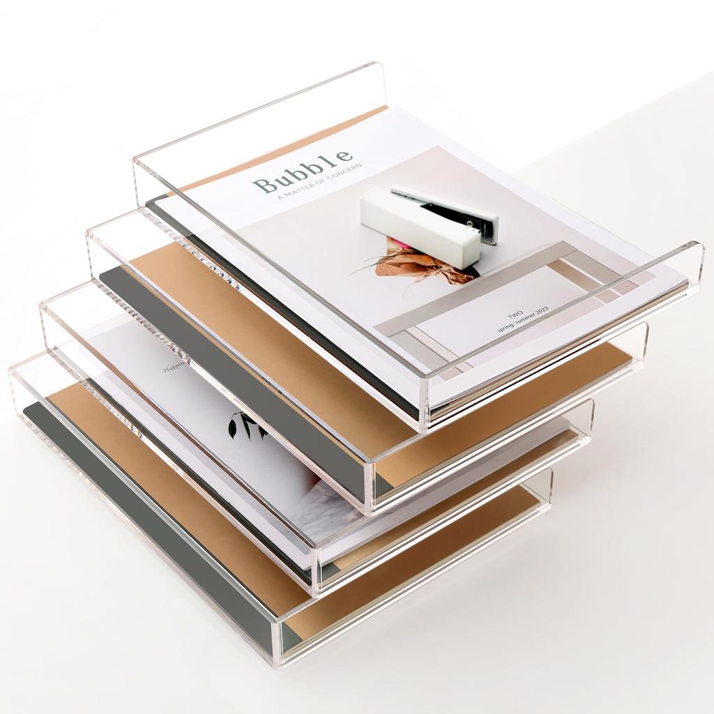 Acrylic Letter Fits A4 Ideal for Home Stationery Stackable for Space Horizontal Wide X Deep X 4cm Set of 4 Case/Document Tray, Size, Office, Desk,