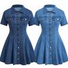 Women's Short Sleeve Denim Look Collared A-Line Dress with Button Front and Waist Cinch