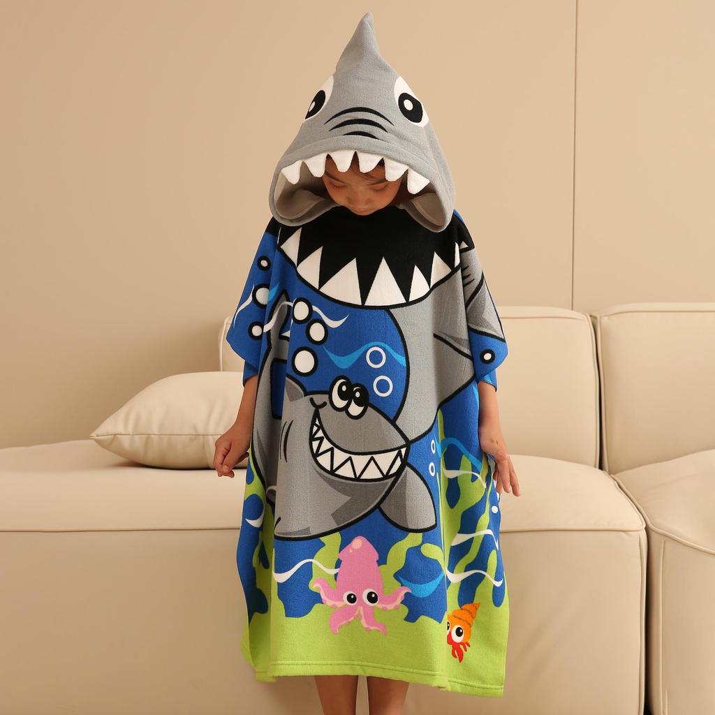 Ultra-Fine Fiber Cartoon Print Kids' Hooded Bath Towel Poncho