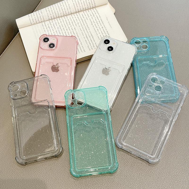 Glitter Transparent Card Phone Case For Iphone 13 11 12 Pro Max Xs Max Xr X Xs 13pro Wallet Soft Silicone Shockproof Back Cover