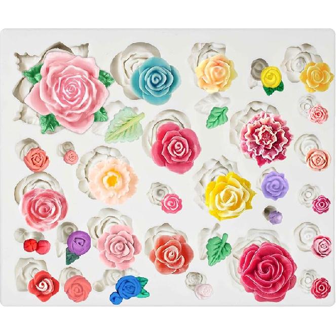 Funshowcase 32 Cavity Roses Flower Fondant Candy Silicone Mold for Sugarcraft Cake Decoration, Cupcake Topper, Polymer Clay, Soap Wax Making, Resin 32-cavity
