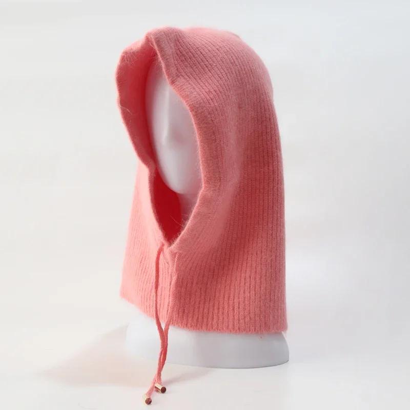 Rabbit Fur Knitted Scarf Hood Hat Women Beanies Warm Winter Unisex  Balaclava Skiing Outdoor Bonnet Thick Earflap Hat