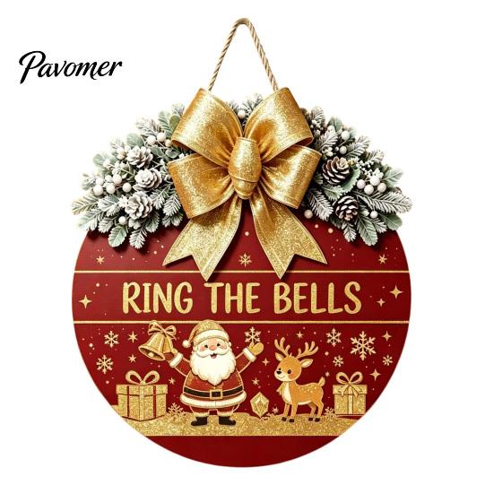 Indoor Outdoor Porch Ornament Christmas Wooden Welcome Sign for Front Door, Round Hanging with Handmade Craft Artificial Pine Branches & Bow