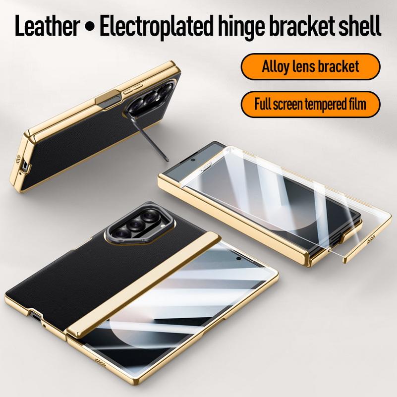 Galvanisierte Federgelenk-Schutzhülle aus echtem Leder und gehärtetem Glas für Samsung Z Fold 6 Galaxy Z Fold6 Rundumschutzhülle