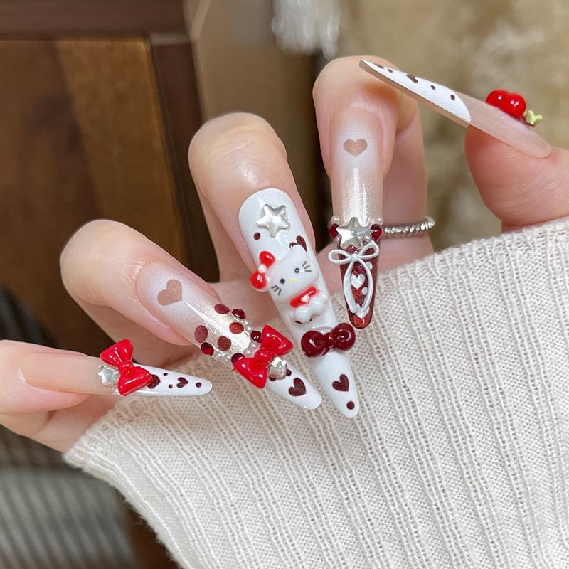 Wine Red French Cat Eye Teardrop Press-On Nails with Polka Dot Bow - Cute Style, Skin-Brightening Premade Nail Art Tips